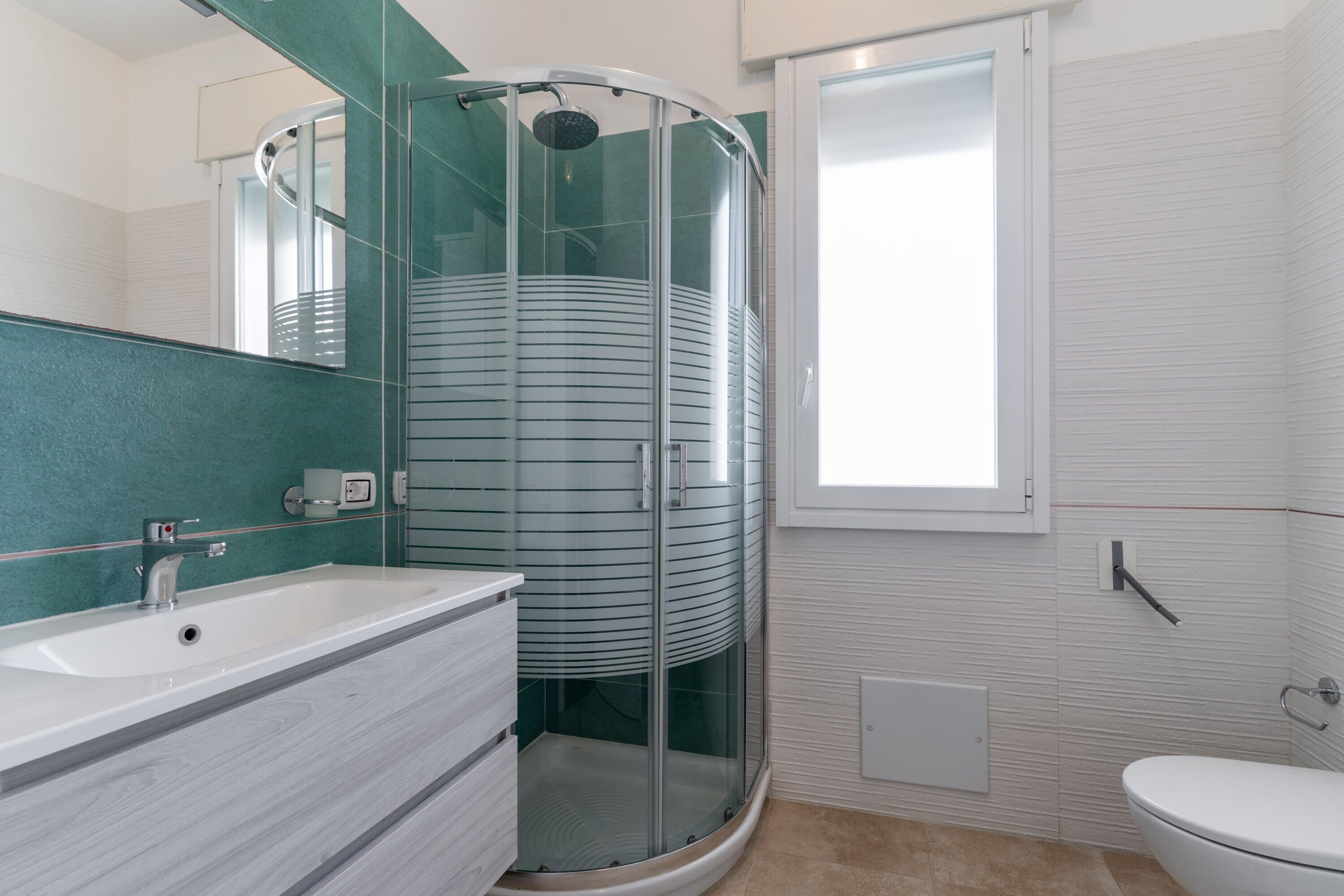 Shower, hair dryer, towels