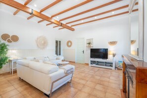A living room with a sofa, TV, and wooden beams on the ceiling. - Holiday Home 'Reme ' with Private Pool, Wi-Fi and Air Conditioning (Navarres)