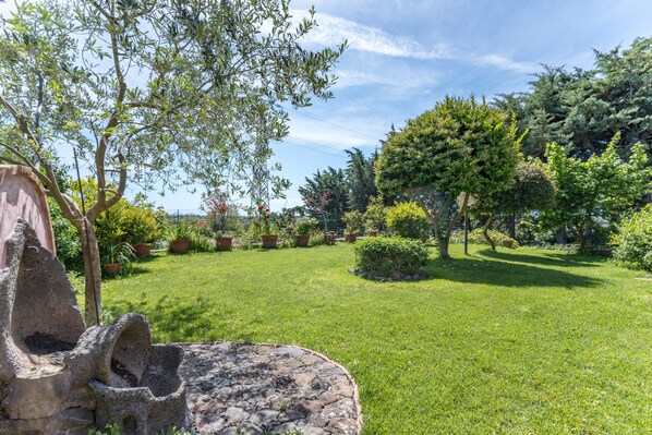 Un jardin agrémenté d’une fontaine en pierre, d’une végétation luxuriante et de diverses plantes en pot.