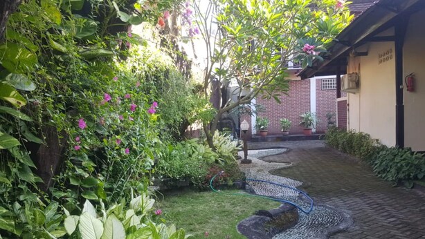 Un jardin avec un chemin sinueux, différentes espèces de plantes et un bâtiment en briques.