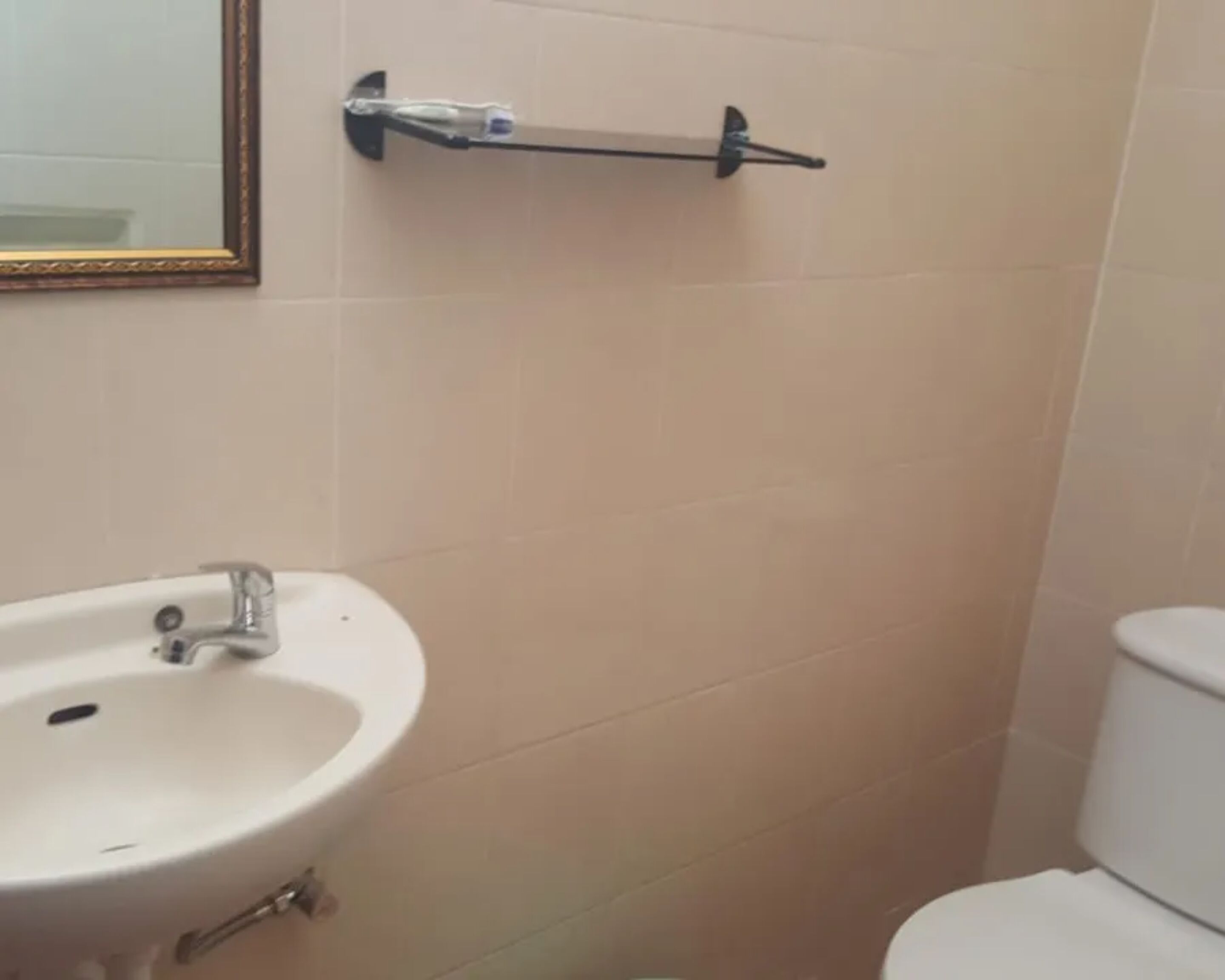 Un baño con un lavamanos blanco, un espejo y un inodoro.