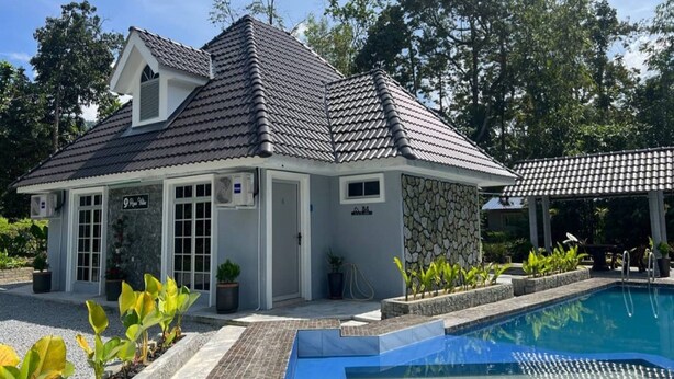 Een klein huis met pannendak, een zwembad en potplanten.