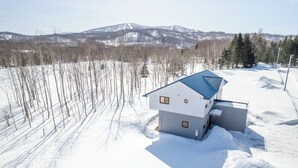 A modern two-story house with a blue roof, surrounded by snow-covered ground and trees.