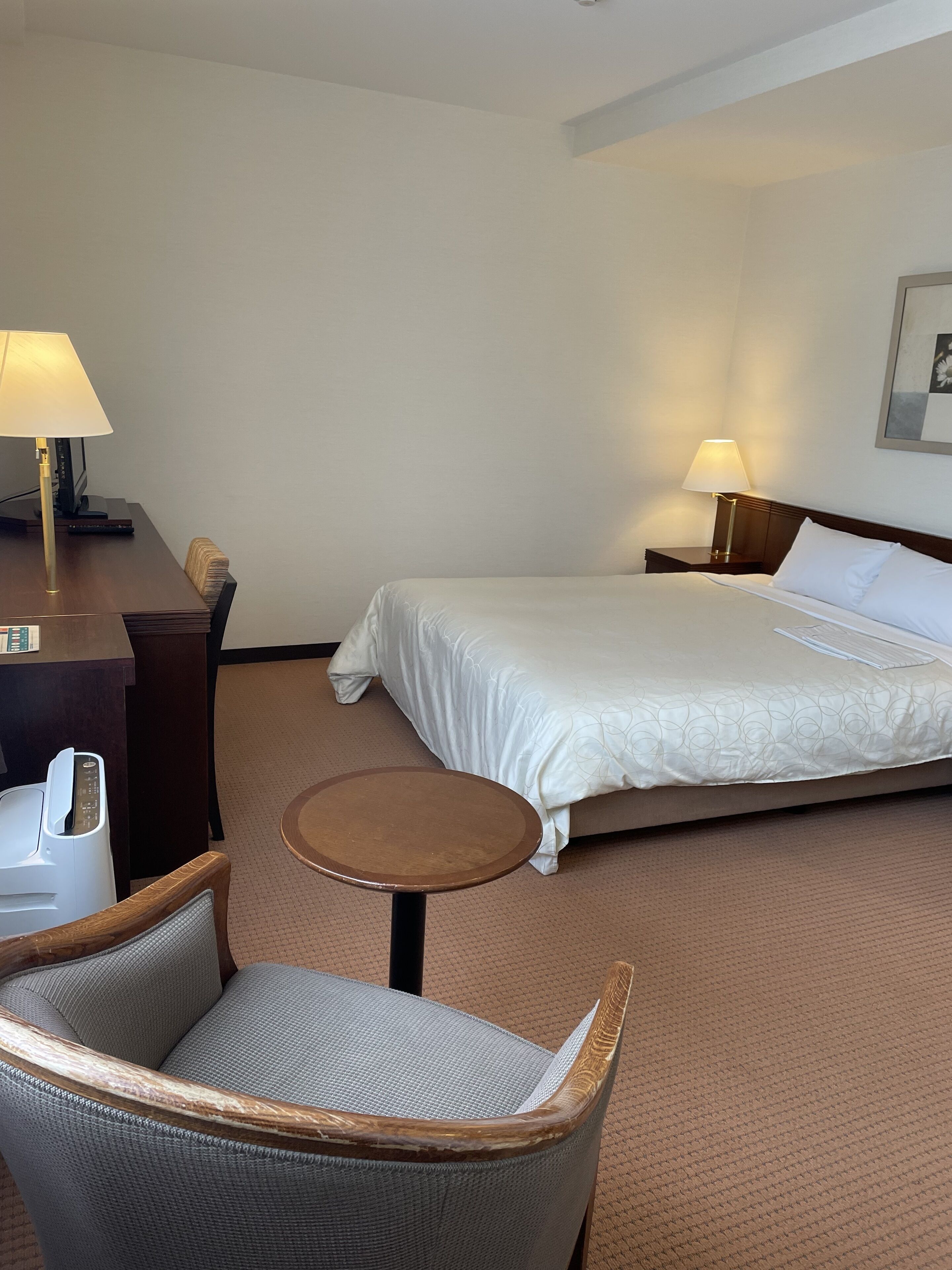 A hotel room with a bed, a desk, a chair, and two lamps.