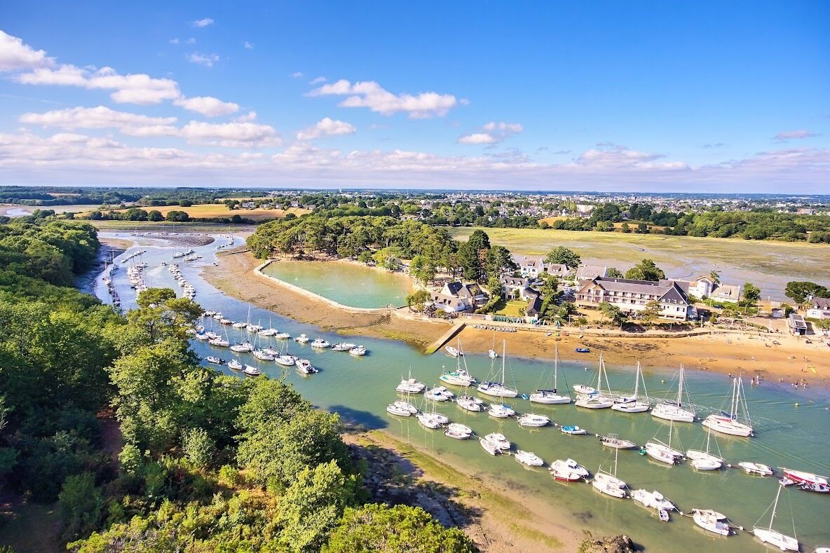 A coastal area with a marina, boats, and houses along the shore.