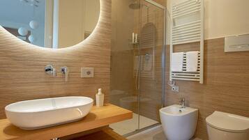 Shower, hair dryer, bidet, towels