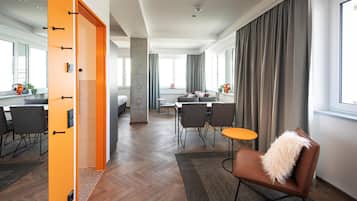 Hypo-allergenic bedding, desk, blackout drapes, soundproofing