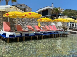 Beach nearby, black sand, free beach shuttle, sun loungers