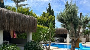 A pool area with a thatched-roof structure, a well-maintained lawn, and various plants. - Pürlen Otel Alaçatı (Cesme)