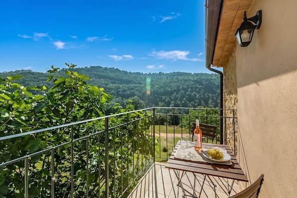 A balcony with a table, a bottle, and a plate of grapes.