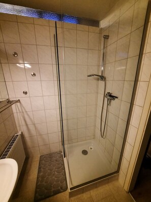A glass-enclosed shower with a handheld showerhead and a wall-mounted faucet. - Außergewöhnlich Wohnen in Weimar (Weimar)