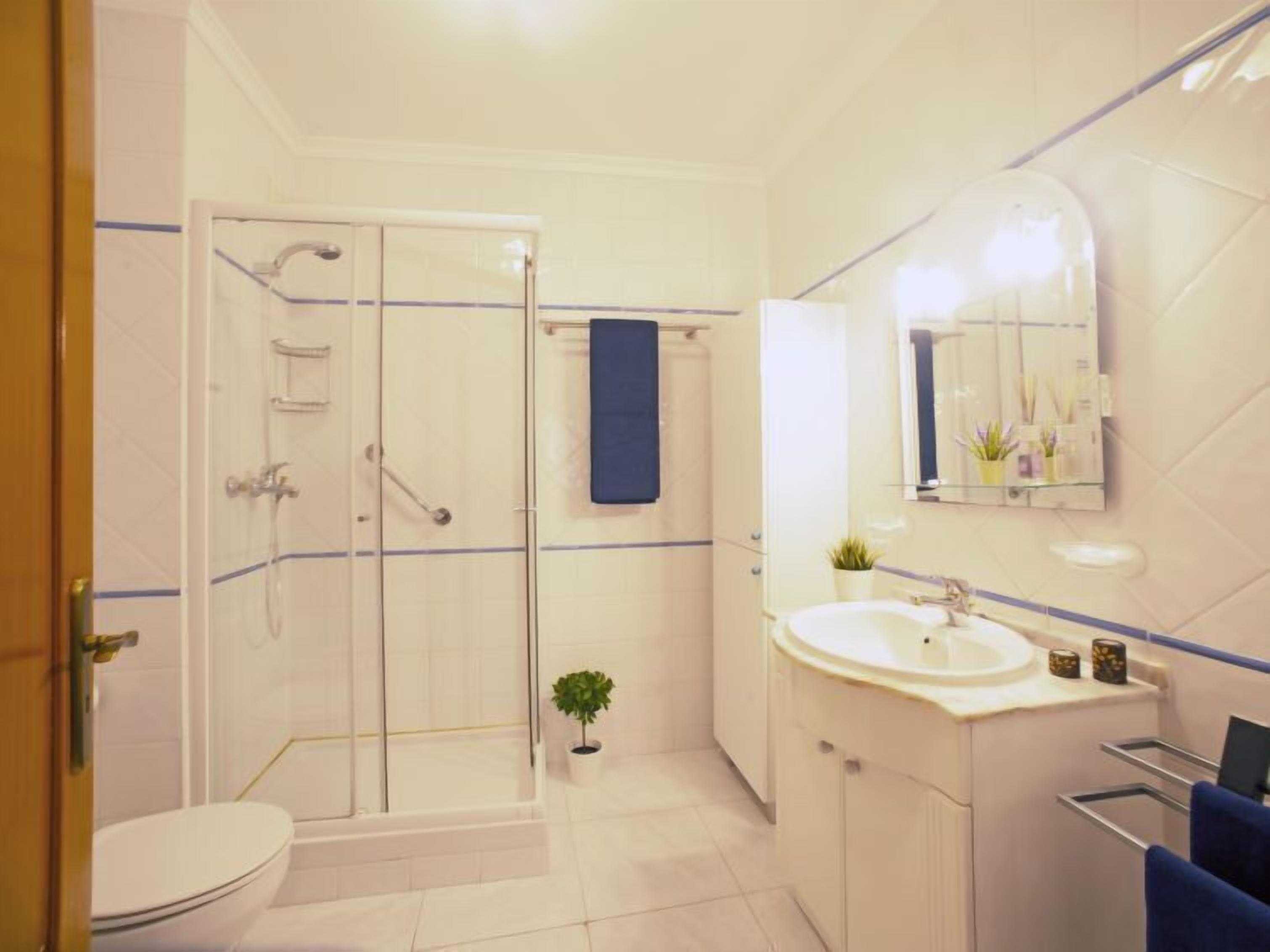 Une salle de bain moderne avec une douche en verre, un lavabo blanc avec un miroir et une petite plante en pot.
