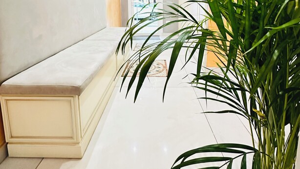 A hallway with a white bench, a potted plant, and a view into another room. - Hotel Dream Hub (Mestre)