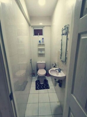 A small, narrow bathroom with a toilet, sink, and a small window above the toilet.