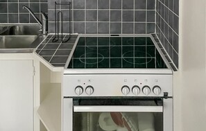 Fridge, microwave, stovetop, cookware/dishes/utensils