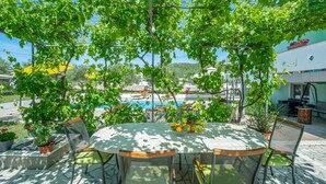An outdoor patio with a round table and chairs, surrounded by potted plants and a view of a swimming pool. - Villa Marina (Sukosan)