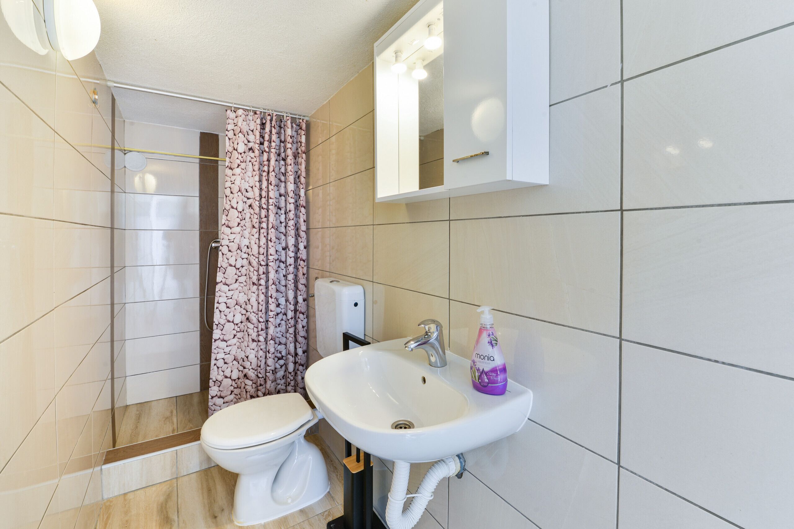 Un baño con inodoro, lavamanos, ducha y espejo.