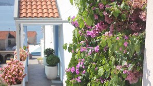 A covered walkway with potted plants and flowering vines. - Holiday apartment With sea view and terrace (Komarna)