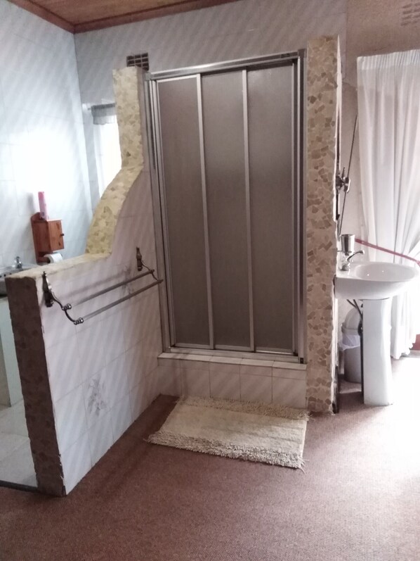 A bathroom with a shower enclosure, a sink, and a toilet. - Khokha Moya Guesthouse (Ermelo)