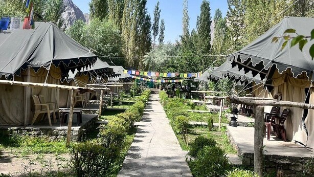 A row of tents with a pathway between them, surrounded by greenery and trees. - Tongspon Camp (Leh)