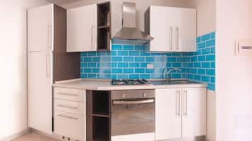 Apartment | Private kitchen | Full-sized fridge, oven, cookware/dishes/utensils, cleaning supplies