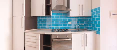 Apartment | Private kitchen | Full-size fridge, oven, cookware/dishes/utensils, cleaning supplies