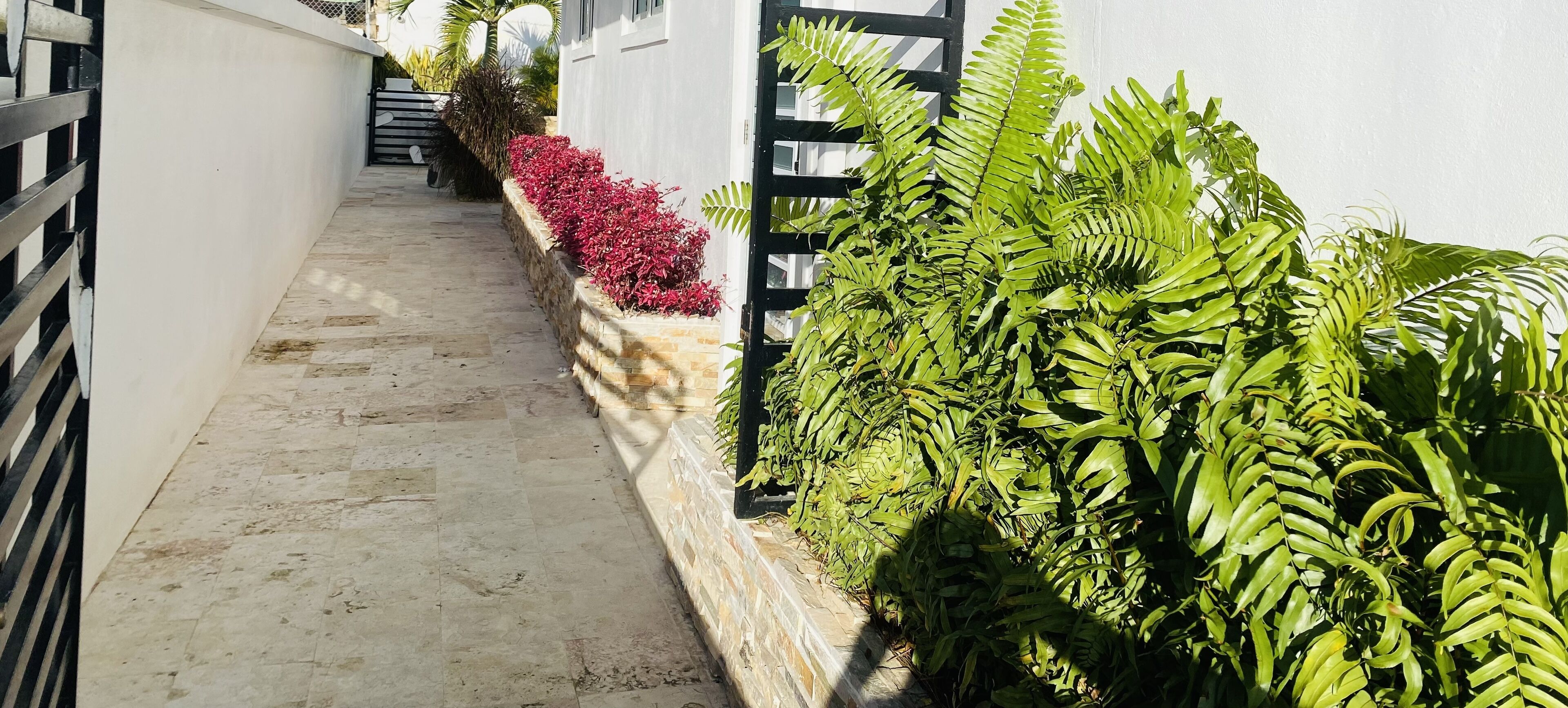 A narrow pathway flanked by a white wall and a black metal fence, leading to a staircase.