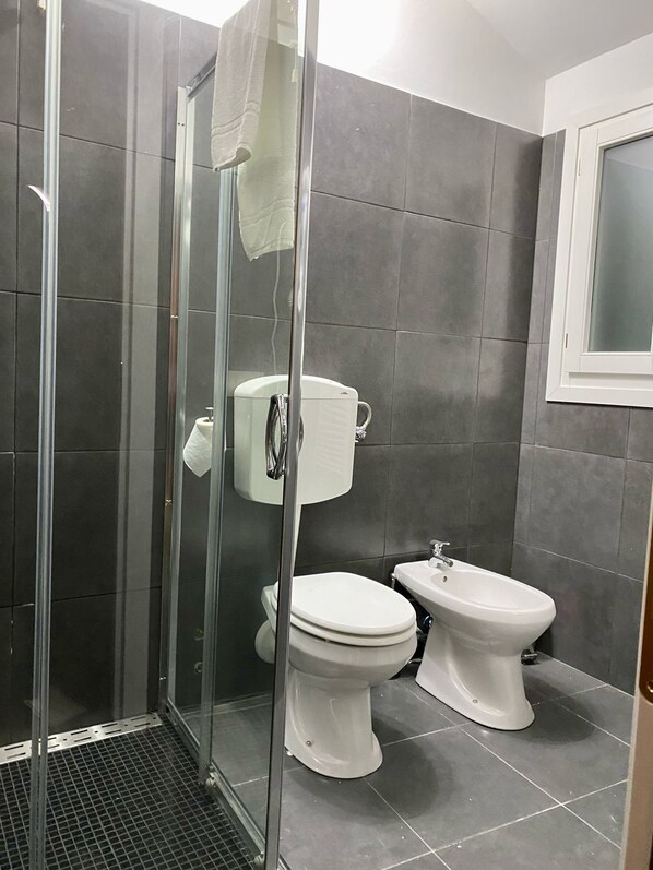 Un baño con ducha de vidrio, inodoro y bidé.