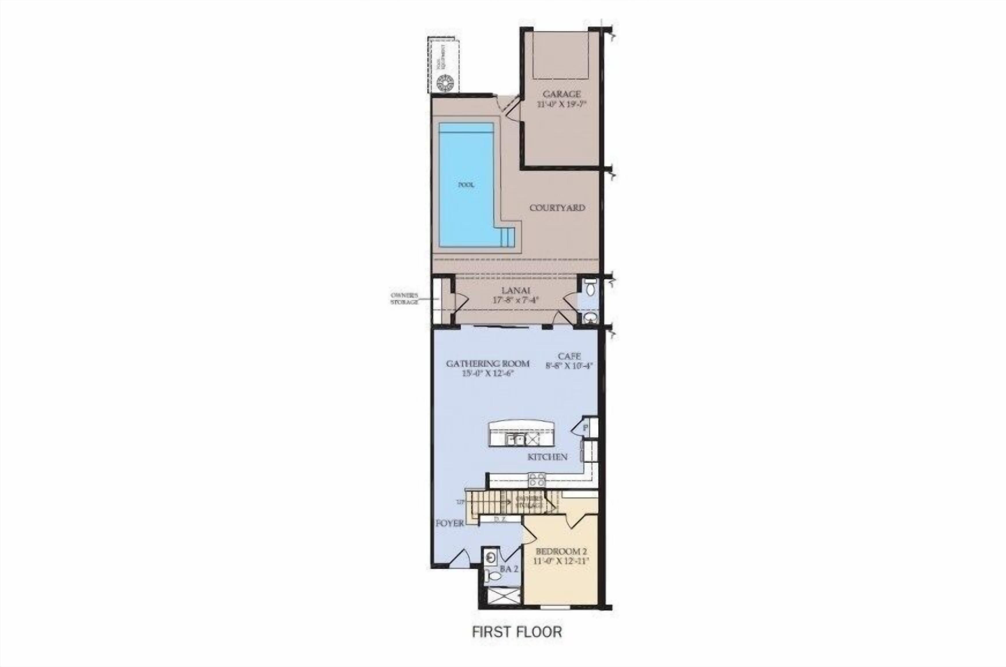 A first-floor floor plan with a pool, garage, lanai, gathering room, cafe, kitchen, foyer, and two bedrooms.
