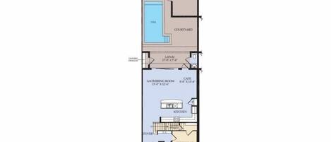 A first-floor floor plan with a pool, garage, lanai, gathering room, cafe, kitchen, foyer, and two bedrooms.