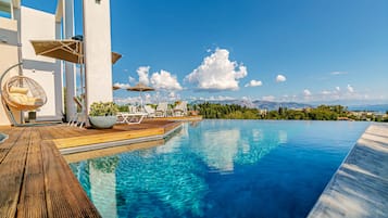Seasonal outdoor pool, pool umbrellas, pool loungers