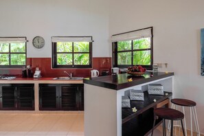 Fridge, microwave, electric kettle, toaster