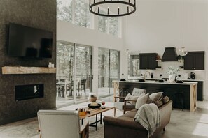 Smart TV, fireplace, books, stereo