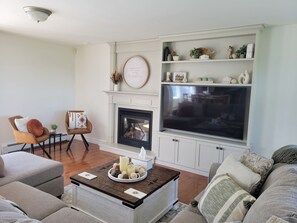TV connectée, cheminée, lecteur de DVD, livres