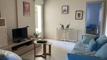 Televisie, een open haard, een dvd-speler en tafelvoetbal