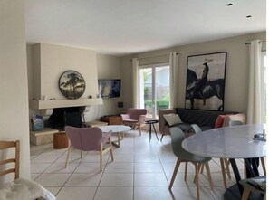 TV, fireplace, DVD player, table football