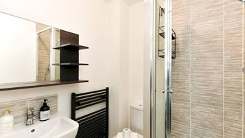 Shower, hair dryer, towels