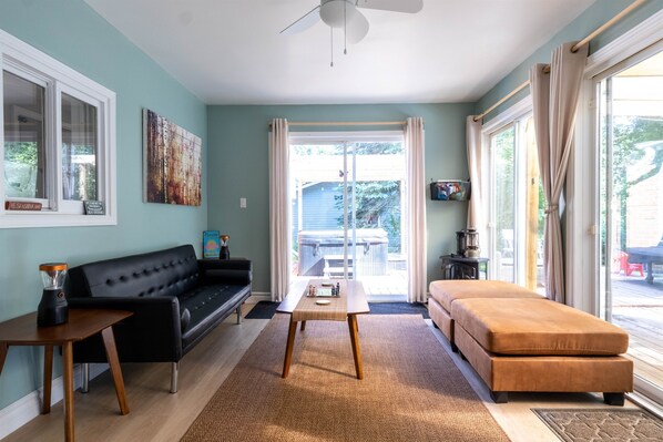 Smart TV, fireplace, table football, books