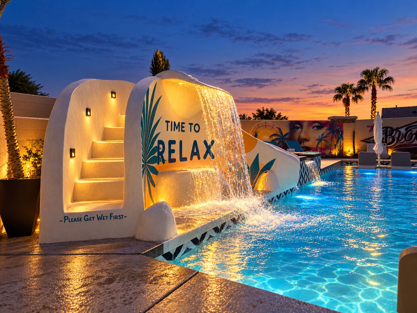 A swimming pool with a water feature labeled 'TIME TO RELAX' and a sign instructing to 'PLEASE GET WEET FIRST.'