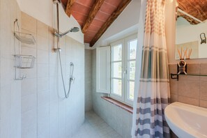 Shower, hair dryer, towels