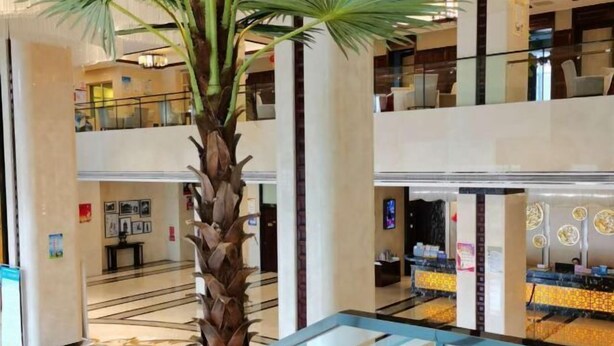 Eine mehrstöckige Hotelhalle mit einer Palme, einem Empfangstresen und einer Glasbrüstung.