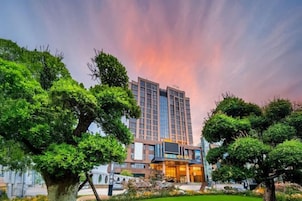 Un hotel moderno con un patio central, rodeado de abundante vegetación y un gran edificio con fachada de vidrio.