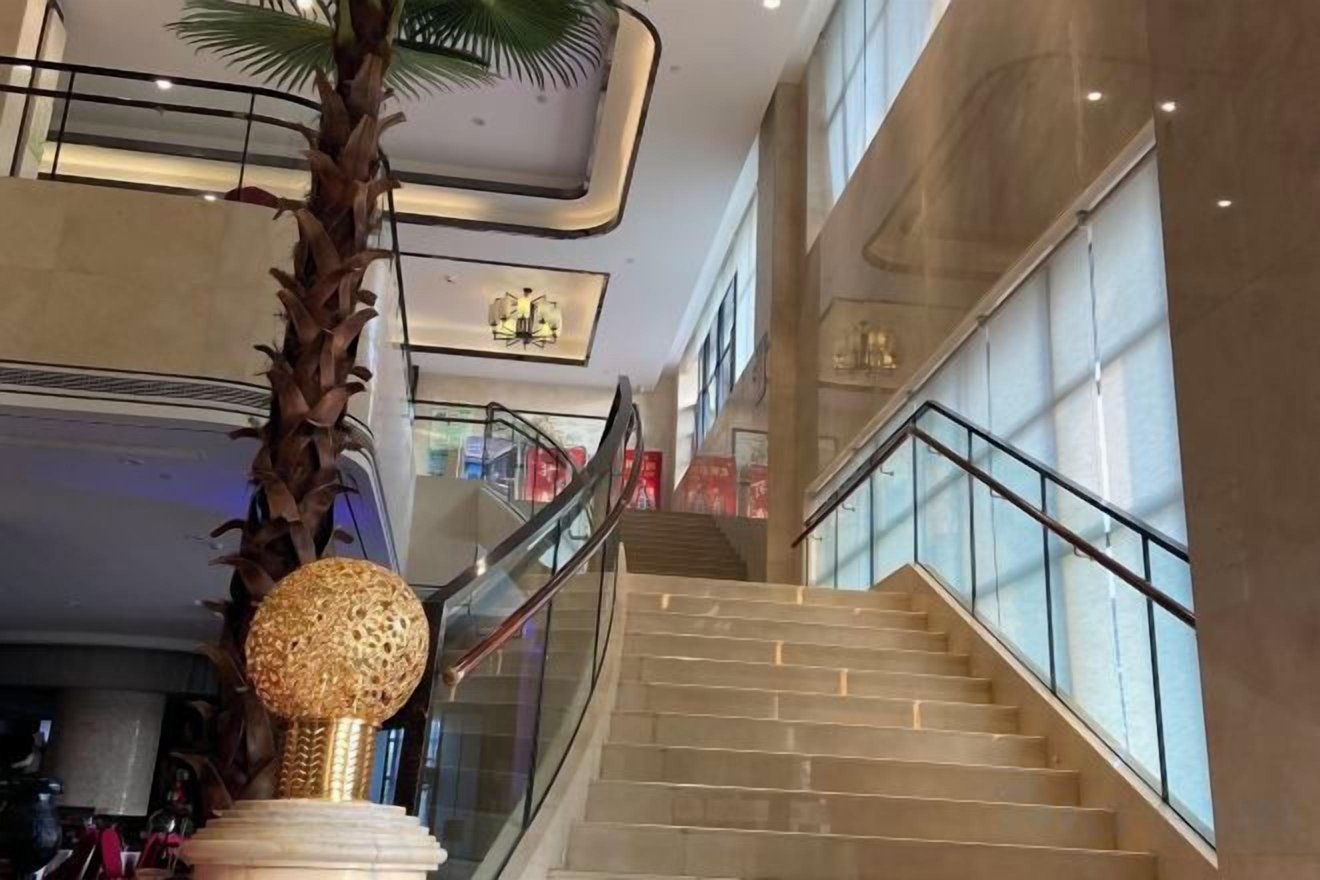 Un interior de varios niveles con una palmera, una escalera y una barandilla.