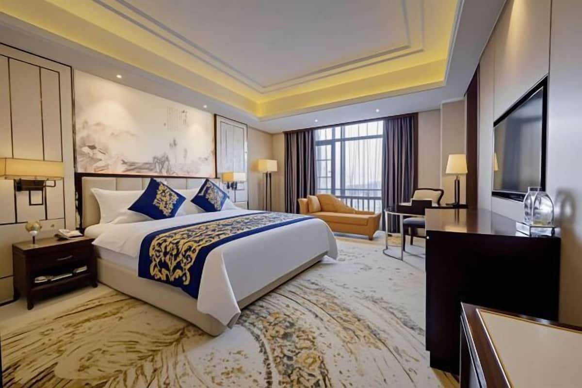 A hotel room with a large bed, a desk, a TV, and a view of the city.