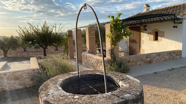 An outdoor stone well with a metal handle, surrounded by a stone wall and vegetation, with a building in the background. - Rural house among olive trees (Biar)