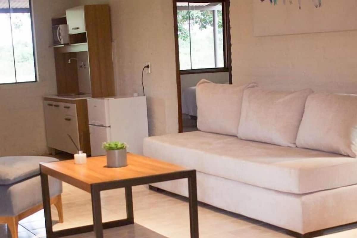 Uma sala de estar moderna com sofá, mesa de centro de madeira e uma pequena mesa lateral com uma planta. Há também uma área de cozinha compacta, com armários e micro-ondas.