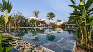 A swimming pool with lounge chairs and umbrellas, surrounded by tropical plants and trees. - Minh Hai Resort (Ho Chi Minh City)