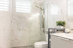 Shower, hair dryer, towels, soap