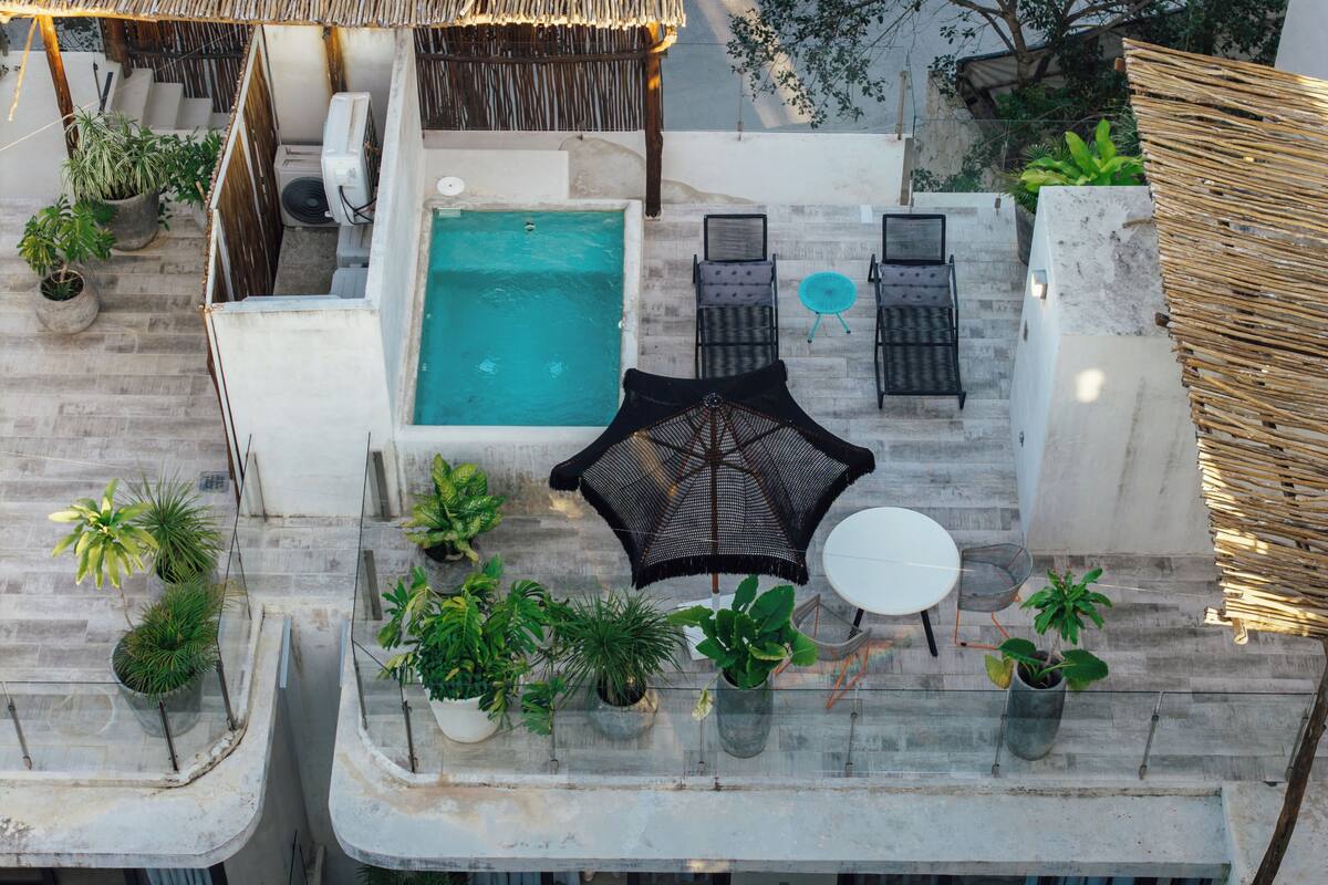 A rooftop pool area with a thatched roof, lounge chairs, and potted plants.