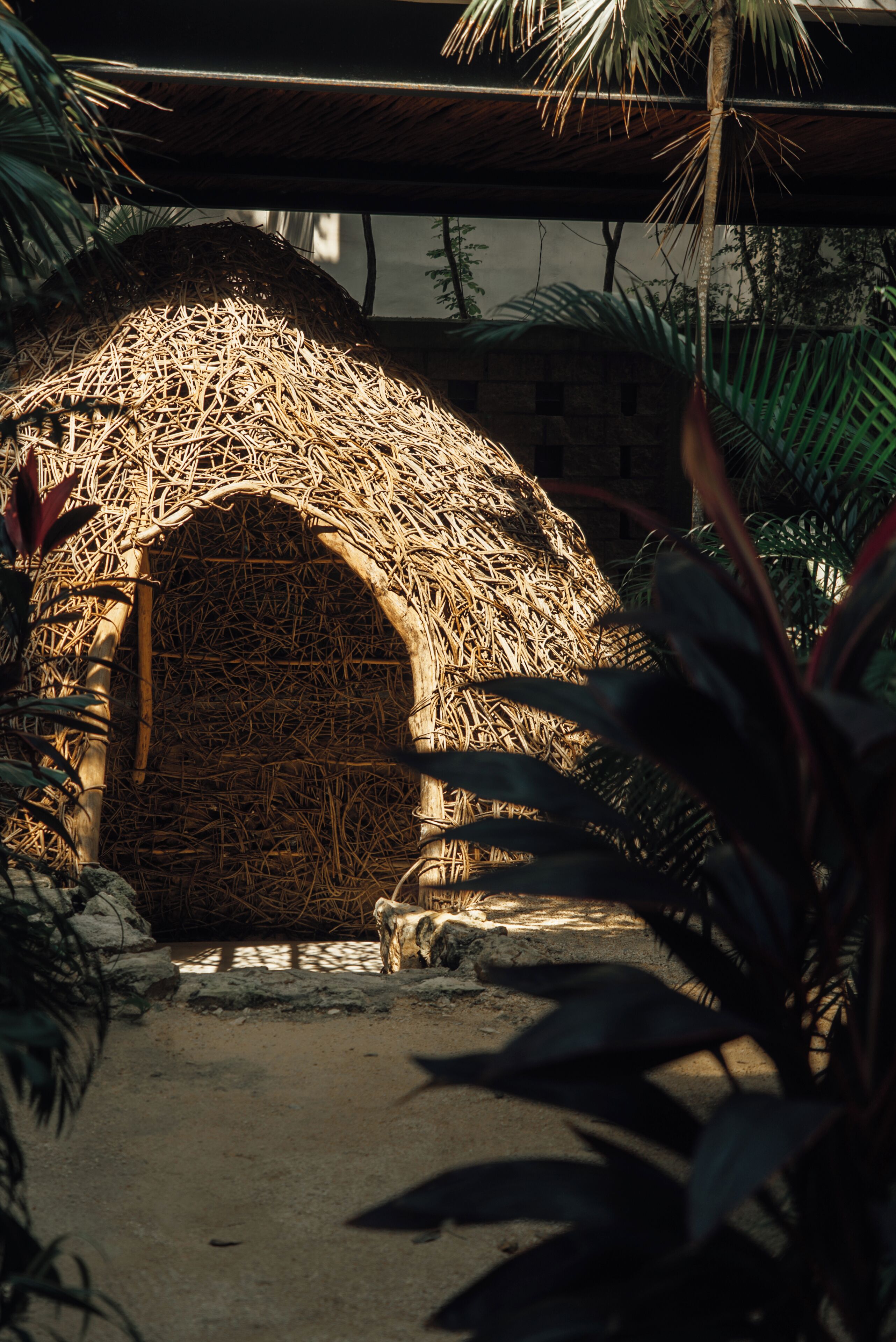 A thatched structure with an arched doorway, surrounded by tropical foliage.